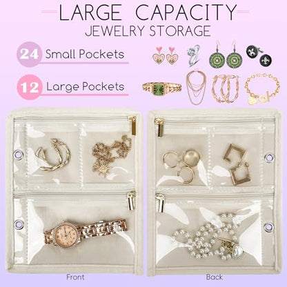 Travel Jewelry Organizer Case,Jewelry Bags Jewelry Storage Book Binder with Clear Zipper Velvet Pouch for Traveling,Earrings, Rings, Necklace, Bracelet (White) - color: Beige
