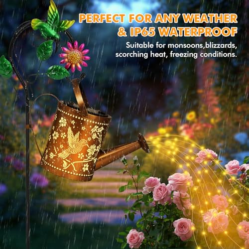 Hummingbird Outdoor Hanging Solar Lantern Waterproof Metal Openwork Hummingbird Watering Can Landscape Lights with Shepherd Hook for Porch Lawn Driveway Backyard Pathway Gifts for Women Mom Grandma - style: Hummingbird Watering Can