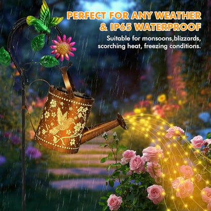 Hummingbird Outdoor Hanging Solar Lantern Waterproof Metal Openwork Hummingbird Watering Can Landscape Lights with Shepherd Hook for Porch Lawn Driveway Backyard Pathway Gifts for Women Mom Grandma - style: Hummingbird Watering Can