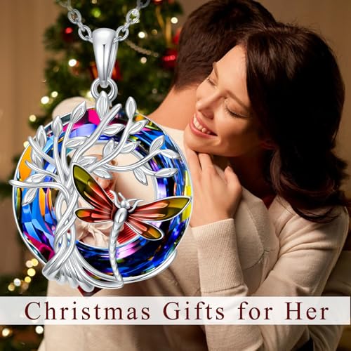 TOUPOP Butterfly Necklace for Women 925 Sterling Silver Tree of Life Butterflies Dragonfly Hummingbird Pendant Necklaces Crystal Jewelry Anniversary Christmas Birthday Gift for Her - color: Dragonfly Red