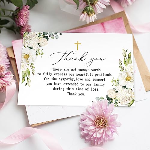 AnyDesign 48 Pack Funeral Thank You Cards Sympathy Thank You Cards with Stickers Envelopes Flower Cross Bereavement Card with Message for Memorial Service Loved Ones Celebration of Life