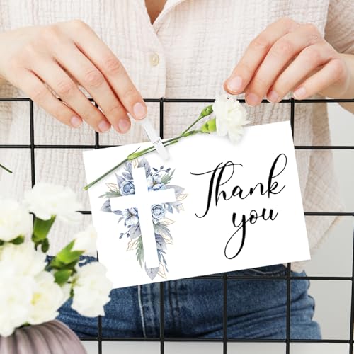 FYSUIMU 50Pcs Funeral Thank You Card Cross Flower Sympathy Boxed Thank You Card with Sticker Envelope Blue Floral Bereavement Cards for Memorial Service Loved Ones Celebration of Life