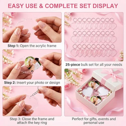ericotry 25PCS Clear Heart- Shaped Acrylic Photo Frame Keychain Blank Insert Personalized Picture Frames Keyring Holder for DIY Gift