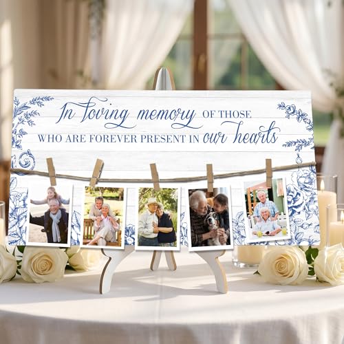 Rustic Wood Memory Table Sign 16 x 8 Inch, In Loving Memory Wedding Sign with Clips, Rustic Wedding Decor for Ceremony and Reception Wooden Memorial Picture Board to Honor Souls-A07 - color: blue-white-2