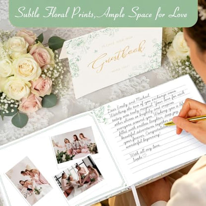 Green Floral Wedding Guest Book with Pen, Hardcover, 144 Pages, 9x7 inches | Gold Foil Title, Space for Polaroid Photos Messages, Sign In Book for Reception, Bridal Shower Guest Book, Engagement Party - color: Green