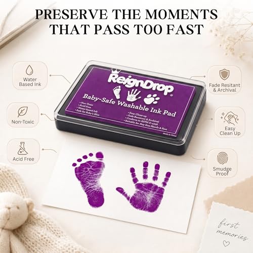 ReignDrop Baby Ink Pad for Hand and Footprints, Non-Toxic Acid-Free Keepsake Kit, Smudge-Proof Archival Ink Wipes Off Skin, for Scrapbook, Photo Album, Frames & Pet Paws, Baby Gift (Purple) - color: Purple
