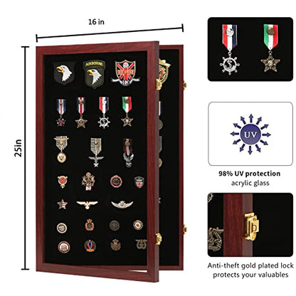 VERANI Pin Display Case Badge Display Frame Oversized Mahogany | Flexible layout arrangement,Premium real clear glass door,Solid wood matte black frame,Wall mountable design - size: 16x25 - Mahogany