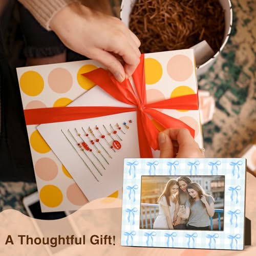 Blue Bow Picture Frame, Birthday Gifts for Sisters Girl Mom Friends Women, Wooden Picture Frame Fits 4x6 Inch Photo, Home Office Desktop Nightstand Display -072 - color: Blue Bow