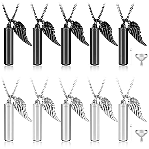 10 Pieces Urn Necklace for Ashes Cylinder Cremation Jewelry with Angel Wing Charm Memorial Pendant Keepsake for Women Men Vial Cremation Ash Pendant(0.43 x 1.89 Inch,Black and Silver) - color: Black and Silver, size: 0.43 x 1.89 Inch