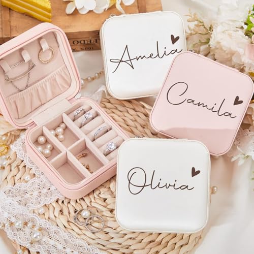 Ajiangwu Bridesmaid Gifts,Custom Travel Jewelry Case for Women,Personalized Small Jewelry Box Mini Teen Girl Gifts Trendy Stuff Jewelry Organizer for Rings, Necklaces, Bracelets - color: Design 1