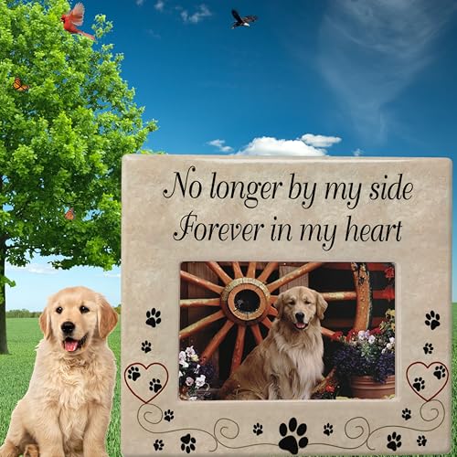 Pet Memorial Picture Frame, Ceramic Pet Loss Gift with Sympathy Quote “No Longer By My Side Forever In My Heart” – Dog & Cat Memorial Photo Frame for Rainbow Bridge Remembrance – 8” x 7.25” - size: 1 pack