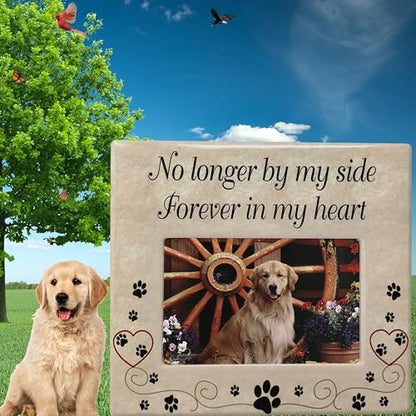 Pet Memorial Picture Frame, Ceramic Pet Loss Gift with Sympathy Quote “No Longer By My Side Forever In My Heart” – Dog & Cat Memorial Photo Frame for Rainbow Bridge Remembrance – 8” x 7.25” - size: 1 pack