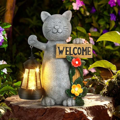 Json Garden Statue Solar Cat Figurine with Lantern, Solar Garden Decorations Statues for Patio, Balcony, Yard Ornament, Unique House Warming Gifts Figurine Lights, Gifts for Women, Mom - color: Cat
