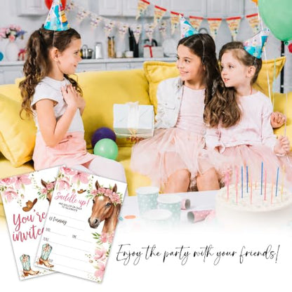 Cowgirl Horse Birthday Invitation Cards with Envelopes, 20 Pack 4x6 Fill-In Party Invites for Girls Boys, Western Floral Saddle Up Birthday Party Supplies - B03 - color: Cowgirl