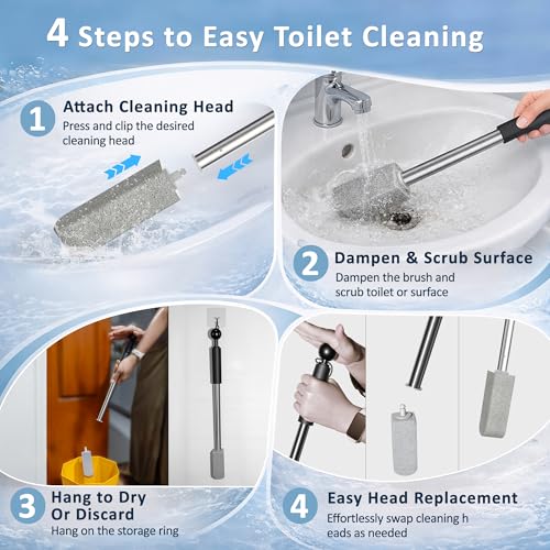 Pumice Stone Toilet Cleaner with Handle – 4 No-Touch Heads for Hard Water - color: Black+Grey