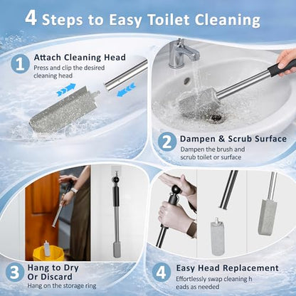 Pumice Stone Toilet Cleaner with Handle – 4 No-Touch Heads for Hard Water - color: Black+Grey