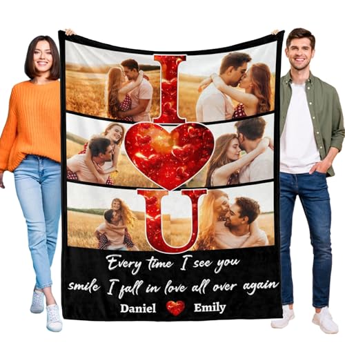 D-Story Custom Photo Blankets with Names Personalized Valentine's Day Gifts for Her Him Customized Picture Blanket Flannel Throw Blanket I Love You Couple Gifts for Wife Husband Anniversary Wedding - color: Vd02