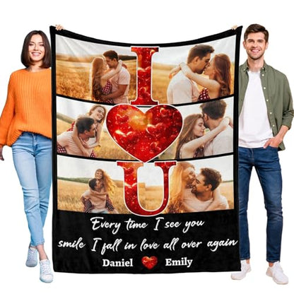 D-Story Custom Photo Blankets with Names Personalized Valentine's Day Gifts for Her Him Customized Picture Blanket Flannel Throw Blanket I Love You Couple Gifts for Wife Husband Anniversary Wedding - color: Vd02