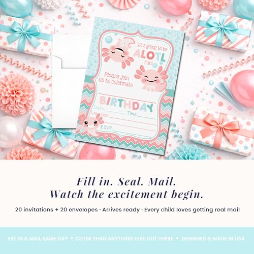 Amanda Creation Axolotl Birthday Invitations for Girls, 20 Pack 5x7 Fill-In Axolotl Party Invitations with White Envelopes, Cute Animal Party Cards, Made in USA - color: Axolotl Birthday Party