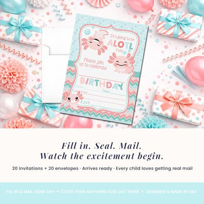 Amanda Creation Axolotl Birthday Invitations for Girls, 20 Pack 5x7 Fill-In Axolotl Party Invitations with White Envelopes, Cute Animal Party Cards, Made in USA - color: Axolotl Birthday Party