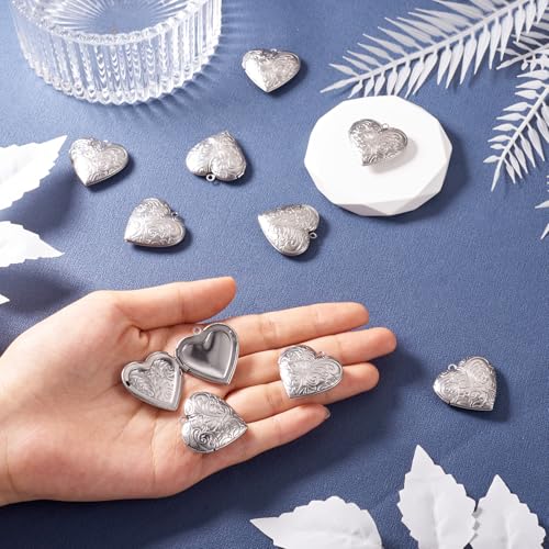 FASHEWELRY 10Pcs 316 Stainless Steel Locket Pendants Silver Heart Photo Frame Charms Heart Locket Charms for Necklaces DIY Memorial Necklace Making - color: Stainless Steel Color, Heart