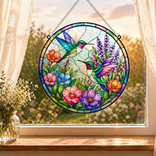 Hummingbirds with Flowers Memorial Suncatcher, 8" Christian Stained Glass Wavy Acrylic, Sympathy Gift for Loss of Loved One, Mom, Dad, Grandma, Family Members, Religious Gifts for Women - color: Hummingbird Round