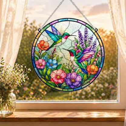 Hummingbirds with Flowers Memorial Suncatcher, 8" Christian Stained Glass Wavy Acrylic, Sympathy Gift for Loss of Loved One, Mom, Dad, Grandma, Family Members, Religious Gifts for Women - color: Hummingbird Round