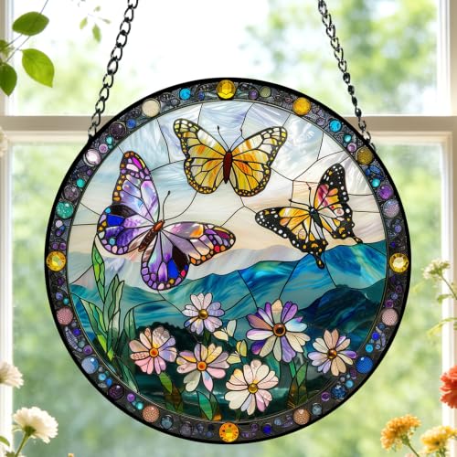 Stained Glass Butterfly Suncatcher Window Hanging Birthday Gifts for Women - color: Butterflies, size: 6.3x6.3 IN