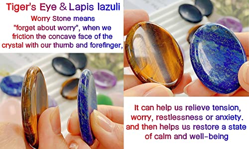 QINJIEJIE 2PCS Worry Stones for Anxiety Tiger's Eye Lapis Lazuli Crystals Hand Carved Thumb Stones Pocket Meditation Oval Shaped Crystal Natural Reiki Relax Palm Stone Gift for Men - color: B-lapis Lazuli & Tiger's Eye