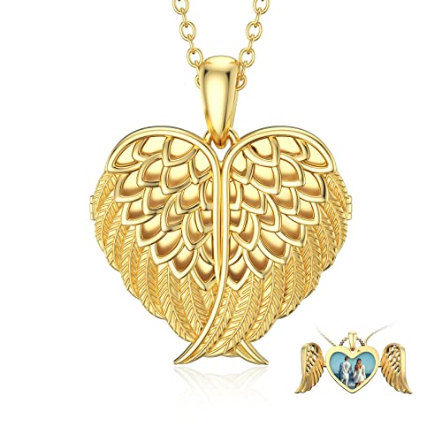 SOULMEET Angel Wing Heart Locket Necklace that Holds Picture Photo Locket Pendant You are My Angel Sterling Silver/Gold - style: B2-Solid gold angel wing locket+photo