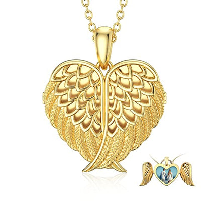 SOULMEET Angel Wing Heart Locket Necklace that Holds Picture Photo Locket Pendant You are My Angel Sterling Silver/Gold - style: B2-Solid gold angel wing locket+photo