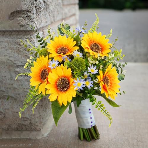 15" Sunflowers Artificial Flowers 25 Branches Grave Flowers for Cemetery | Faux Sunflowers Silk Summer Flowers Arrangements for Vase Bridal Bouquets Wedding Centerpieces Home Kitchen Table - color: Yellow,blue