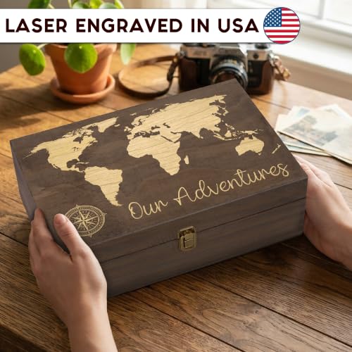 Our Adventure Engraved Wooden Keepsake Box, Memory Storage Box with Inside Engraving, Wooden Treasure Box for Travel Memories, Photos, Souvenirs, Couples & Special Moments, X-Large 14.15 x 9.5 x 4.5" - size: X-Large, style: Adventures