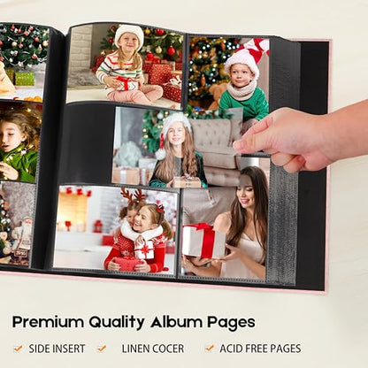 Aevdor Large Capacity 4x6 Photo Album, 1000 Photos, Linen Cover, Pink | Black Inner Pages, 3 Horizontal and 2 Vertical Pockets per Side, Front Photo Window, Family, Wedding & Travel Memories - color: Pink