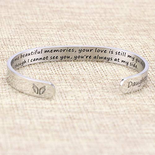 Memorial Gifts for Loss of Mom Dad In Memory of Jewelry Sympathy Bracelet | Bereavement Cuff Secret Message Engraved Grief Gifts for Women - style: Daughter Memorial Gift- You left me beautiful memories