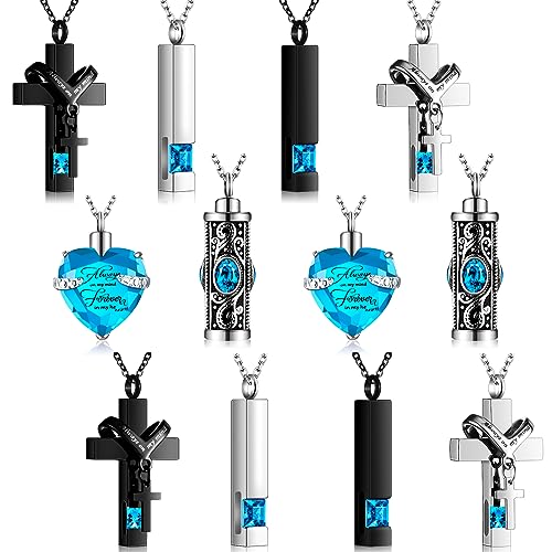 12 Pcs Urn Necklace for Ashes Bulk Cremation Cross Heart Cubic Jewelry Stainless Steel Memorial Locket for Men Women - color: Blue