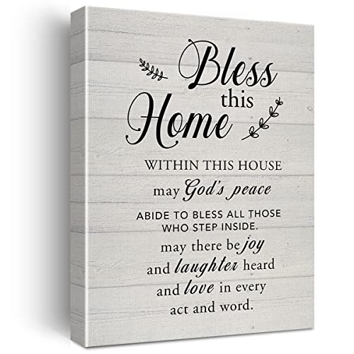 New Home Religious Wall Art Bless This Home Canvas Print with Inspirational Quote Framed Artwork Painting for Rustic Wall & Tabletop Decor Housewarming Gifts