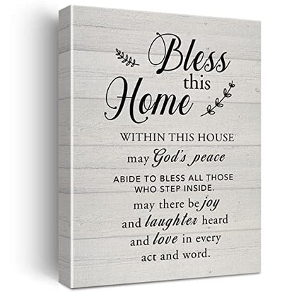 New Home Religious Wall Art Bless This Home Canvas Print with Inspirational Quote Framed Artwork Painting for Rustic Wall & Tabletop Decor Housewarming Gifts