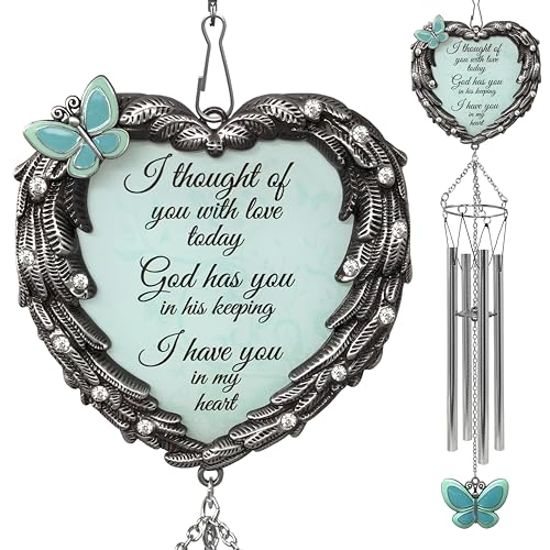Memorial Wind Chimes Sympathy Gift for Loss of Loved One, Heart Angel Wings & Butterfly Design, “I Thought of You with Love Today” Remembrance Wind Chime, Bereavement Gift for Family or Friends, 23"
