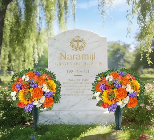 Artificial Cemetery Flowers for Grave Vase - Gravesite Flowers,Fade-Proof Headstone Decorations with Sunflower Rose Lavender Mix Bouquet