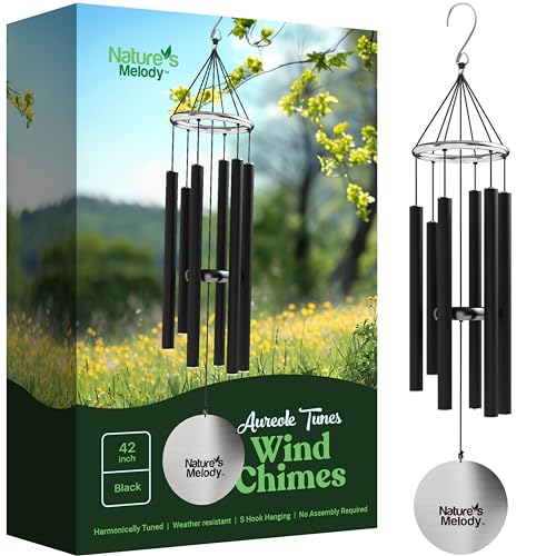 Nature’s Melody Aureole Tunes Wind Chimes – Outdoor Windchime with 6 Tubes Tuned to C Pentatonic Scale, 100% Rustproof Aluminum, Powder Finish & S Hook Hanger for Sympathy, Memorial Gift or Zen Garden - color: Black, size: 42"