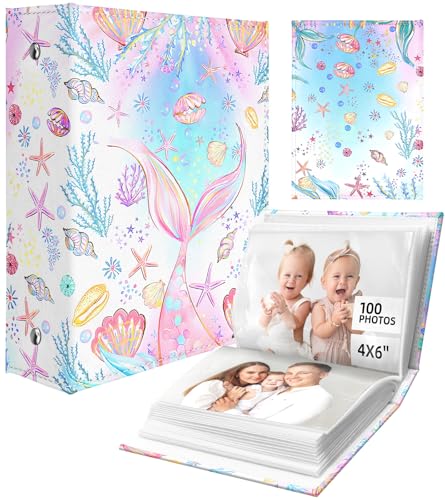 Slohif Photo Album for kids 4x6 Pictures Leather Small Baby Memory Book Keepsake for My First Family 100 Pockets Personalized Photobook for Boys Girls Toddler Travel Birthday Anniversary Mermaid - style: Mermaid