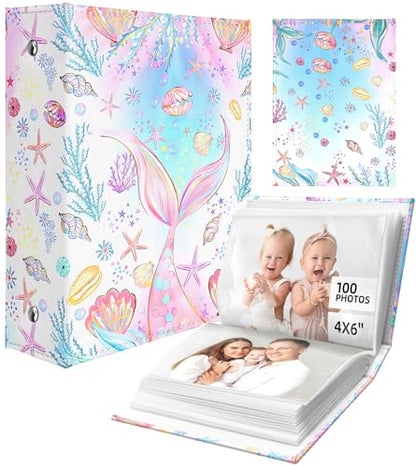 Slohif Photo Album for kids 4x6 Pictures Leather Small Baby Memory Book Keepsake for My First Family 100 Pockets Personalized Photobook for Boys Girls Toddler Travel Birthday Anniversary Mermaid - style: Mermaid