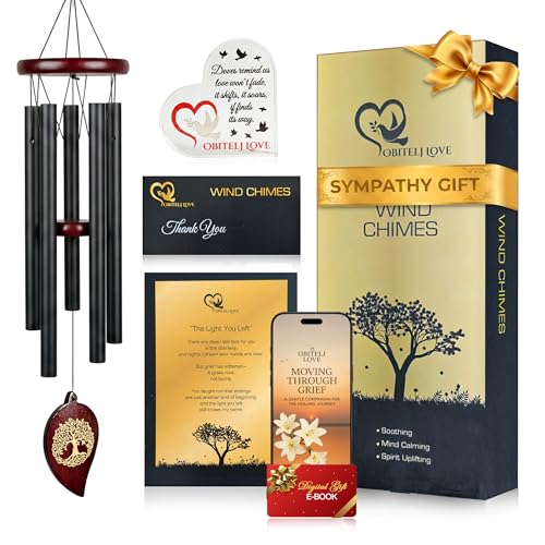 36" Memorial Wind Chimes for Outside, Double Sided Engraving Pendant, Deep Tone 6 Aluminum Tubes & Pine Wood, Sympathy Gift for Loss, Includes Acrylic Heart Plaque & a Letter from Heaven - color: Black Leaf Design