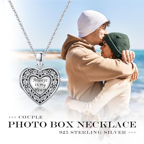 Heart Photo Locket Necklace Sterling Silver for Women | Dragonfly, Butterfly, Turtle, Dog Paw and Mother Daughter Styles, Jewelry Gifts for Mom Christmas Birthday Anniversary. - style: 4-Always in My Heart