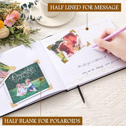 8x10 Inch Wedding Guest Book - 120 Blank & Lined Pages, Gold Foil PU Leather Hardbound Cover, Durable Sewn Binding, Black - color: Black