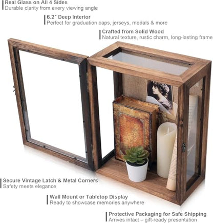Shadow Box Display Case 11x14 Deep with Glass on 4 Sides, 6.2in Depth Wall Mounted Memory Box for Keepsakes, Wooden Display Case for Graduation Cap, Jersey, Wedding, Medals – Rustic Shadowbox Frame - color: 03