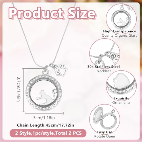 2PCS Pet Ashes Necklace Cats Hair Keepsake Fur Locket Necklaces Cat Dog Remembrance Jewelry with Paw Heart Rhinestone Pet Memorial Urn Necklace for Cats Women Men Loss Pet Sympathy Gift - color: Silver Necklace
