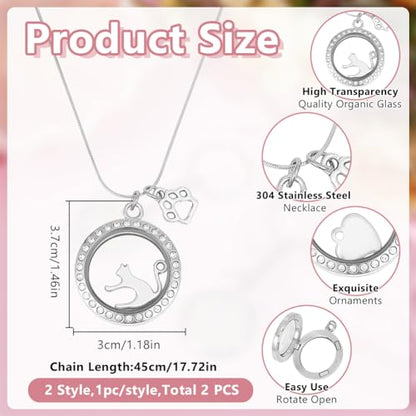 2PCS Pet Ashes Necklace Cats Hair Keepsake Fur Locket Necklaces Cat Dog Remembrance Jewelry with Paw Heart Rhinestone Pet Memorial Urn Necklace for Cats Women Men Loss Pet Sympathy Gift - color: Silver Necklace