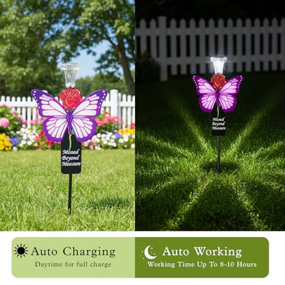 Solar Purple Butterfly Memorial Stake - Missed Beyond Measure Engraved Metal Grave Decorations, Sympathy Gifts for Loss of Sister Daughter Mom (Butterfly) - style: Butterfly